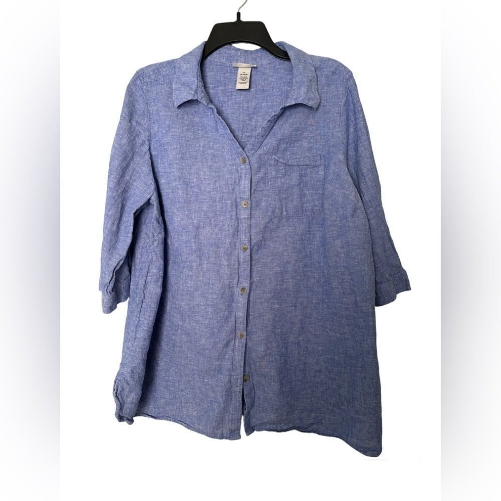 Catherines Linen Blend 3/4 Sleeve Button Down Shirt Blue Size 0X 14/16W Minimal